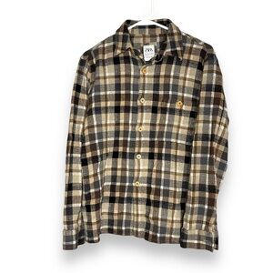 Zara Mens Woven Plaid Shirt Size Medium Brown White Long Sleeve